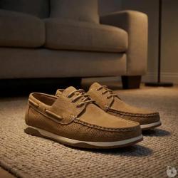Chaussures bateau homme en synth&eacute;tique camel - Tige basse 40