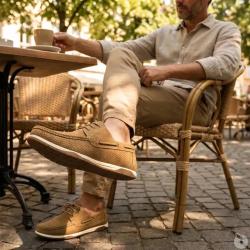 Chaussures bateau homme en synth&eacute;tique camel - Tige basse 43