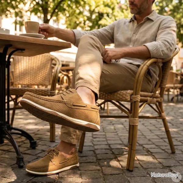 Chaussures bateau homme en synth�tique camel - Tige basse 42