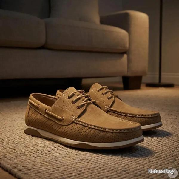 Chaussures bateau homme en synth�tique camel - Tige basse 42