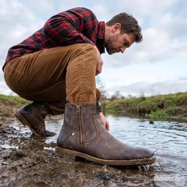 Bottines Homme Mi-Hautes en Synth�tique Marron avec Zip 44