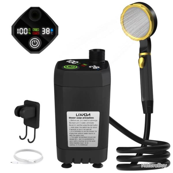 Pompe de Douche de Camping Portable 6000mAh USB Affichage Num�rique Noir