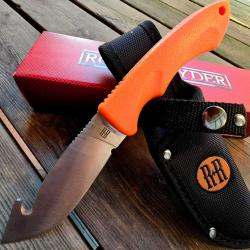 Couteau de Chasse &agrave; d&eacute;pecer Guthook Lame Acier Inox Manche Abs Orange Etui Nylon