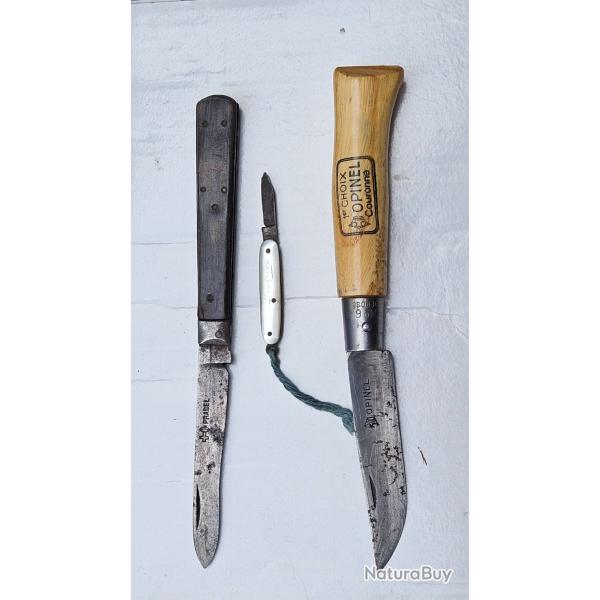Lot 3 couteaux pliants anciens : OPINEL n�6 couronn�, PRADEL et mini couteau manche nacr�