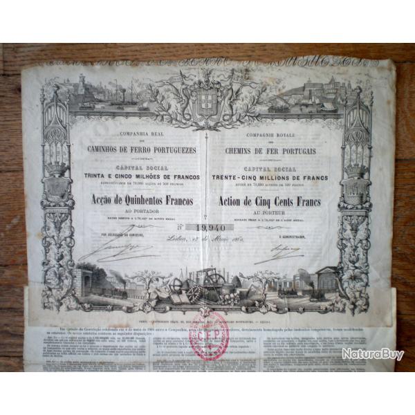 Portugal Bon des Chemins de Fer Action 500 Francs 1860