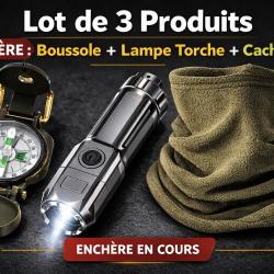 Lot Survie : Boussole Militaire + Lampe Torche LED Rechargeable + Cache Cou Tactical