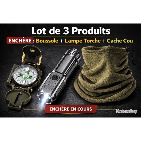 Lot Survie : Boussole Militaire + Lampe Torche LED Rechargeable + Cache Cou Tactical