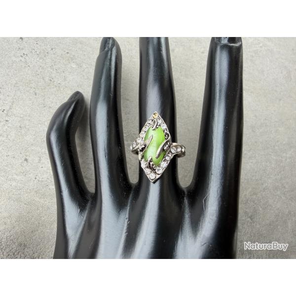 Bague en argent - pierre verte et strass - taille 52