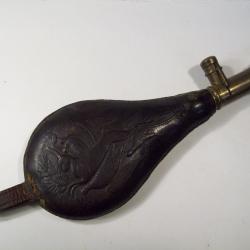 poire a plomb en cuir rigide d&eacute;cors li&egrave;vre faisan perdrix ancien ann&eacute;e 1900