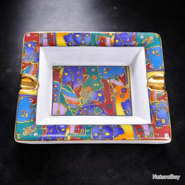 Grand Cendrier vide-poche c�ramique cubiste multicolore � d�cor abstrait dor� style Art D�co