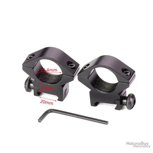 LOT DE 2 COLLIERS DE MONTAGE 25,4 MM POUR LUNETTE DE TIR - POUR RAIL 20 MM