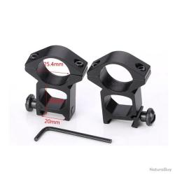 LOT DE 2 COLLIERS DE MONTAGE PROFIL HAUT POUR LUNETTE DE TIR 25,4 MM - POUR RAIL 20MM
