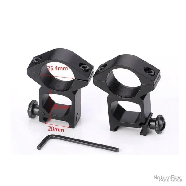 LOT DE 2 COLLIERS DE MONTAGE PROFIL HAUT POUR LUNETTE DE TIR 25,4 MM - POUR RAIL 20MM