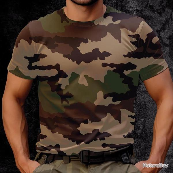 T shirt Homme Camo CE 100 Coton Peign� Manches Courtes Col Rond