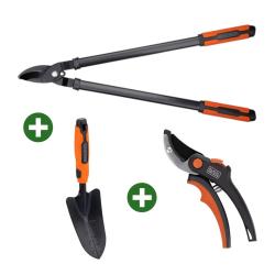 Kit Jardinage Black&Decker 3-en-1 : Transplantoir + 2 S&eacute;cateurs (20cm & 71cm)