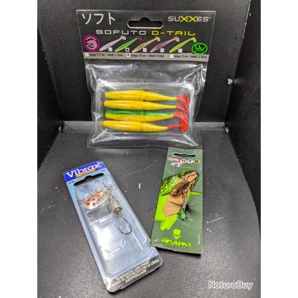 Lot 457 / GUNKY DOTS #2 + BLEU FOX 6 grs + 4 Leurres SUXXES (UV) SOFUTO d-tail...