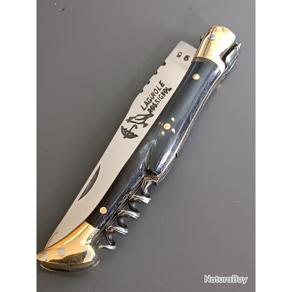 ANCIEN COUTEAU LAGUIOLE 3 pi�ces, ROSSIGNOL PARAPLUIE � L'�PREUVE, THIERS, XX�me, CORNE, guilloch�