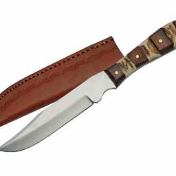 Couteau Steel Stag Mini Hunter Lame Acier Satin Manche Os & Bois Etui Cuir SS7026
