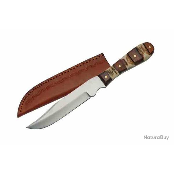 Couteau Steel Stag Mini Hunter Lame Acier Satin Manche Os & Bois Etui Cuir SS7026