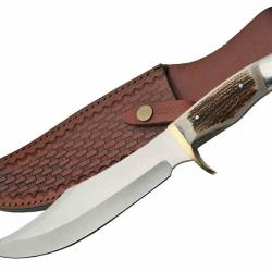Couteau Steel Stag Iron Cougar II Bowie Lame Acier Inox Manche Bois de Cerf Etui Cuir SS3320