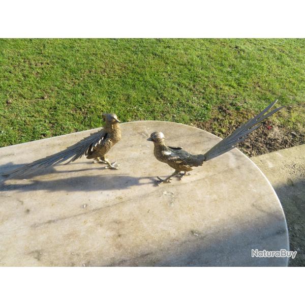 DUO de Sculpture coq faisant et poule faisane en m�tal argent�, plumage & bec au naturel (Vers 1960)