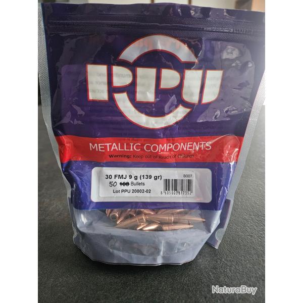 Ogives calibre 30 FMJ PPU Partizan 139 gr - lot de 50