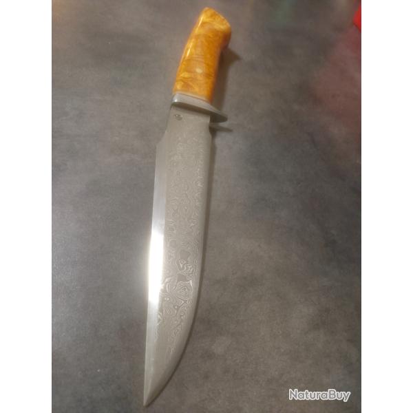 Superbe couteau de chasse forge damas couche 90cmv8/15n20 manche loupe de robinier ivoire de mamouth