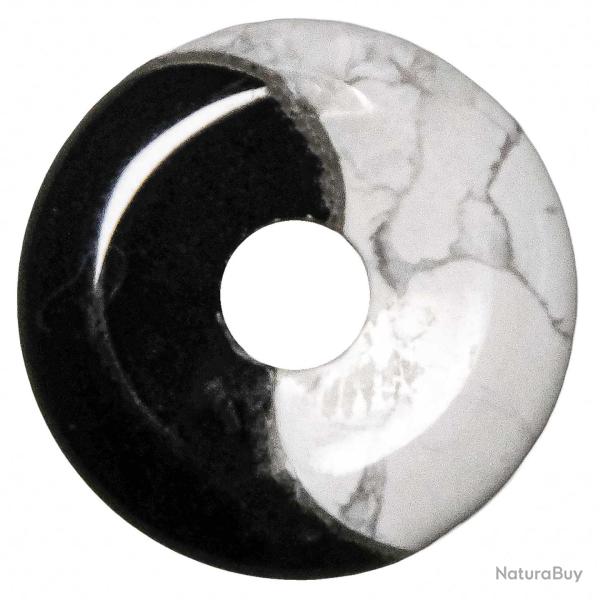 Donut Pi Chinois ying et yang en howlite et obsidienne pour pendentif 2.5 cm