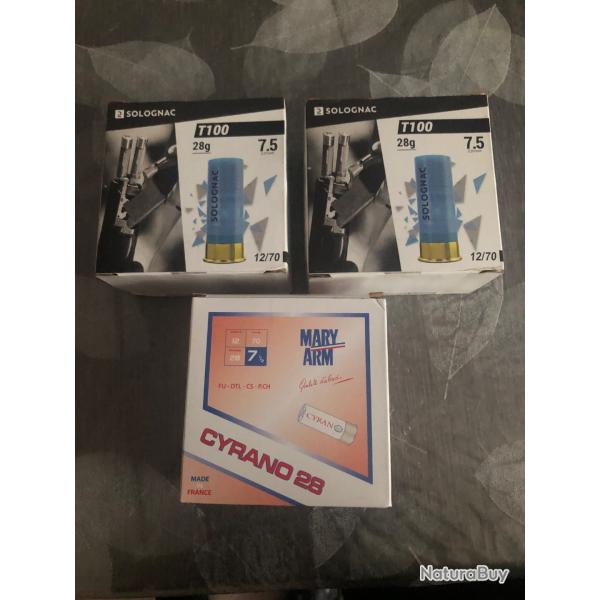 LIVRAISON OFFERTE  3x25 cartouches solognac T100,mary arme cyrano/28gr cal 12/70 plombs 7,5