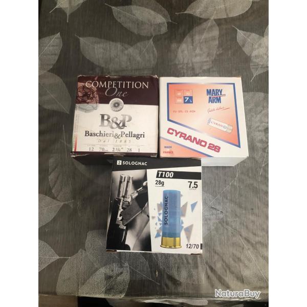 LIVRAISON OFFERTE  3x25 cartouche  solognac T100,mary arme cyranoB&Pcompetition cal 12/70 pl 7,5 28g