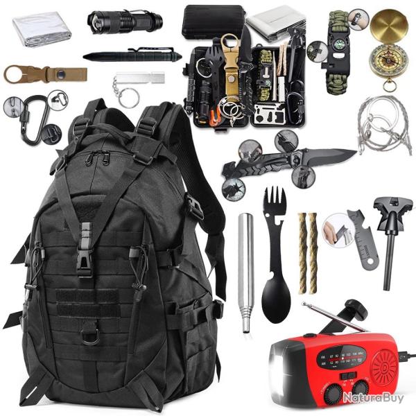Kit d'urgence 34 en 1 avec sac � dos, mat�riel de survie et radio dynamo
