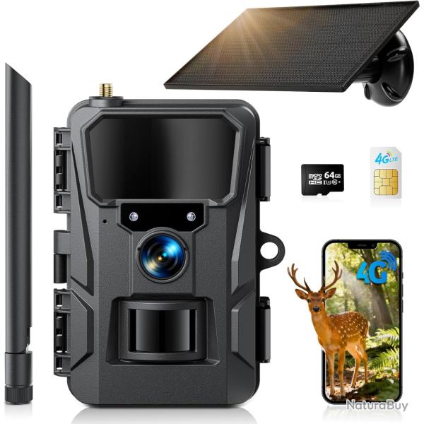 Cam�ra de Chasse 4G LTE Solaire 2K 48 MP Batterie 5200mAh �cran 2,0" Vision Nocturne Cellulaire