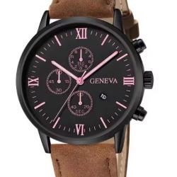 Montre Homme Aviateur Bracelet Fa&ccedil;on Cuir Su&eacute;dine  Marron Boitier m&eacute;tal Fond Noir Avec Dateur