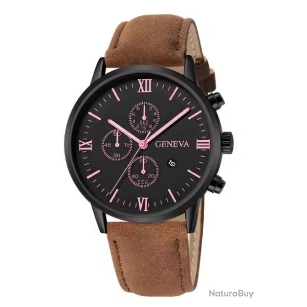 Montre Homme Aviateur Bracelet Fa�on Cuir Su�dine  Marron Boitier m�tal Fond Noir Avec Dateur