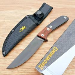 Couteau de Chasse Bushcraft Browning Lame Acier 3Cr13 Manche Bois Black/Brown Etui Nylon