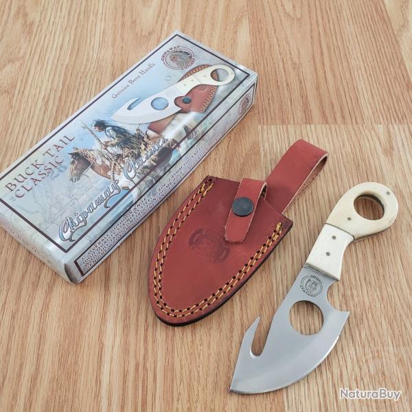 Couteau Skinner Frost Cutlery Lame Guthook Crochet Acier Inoxydable Satin Manche Os Etui Cuir