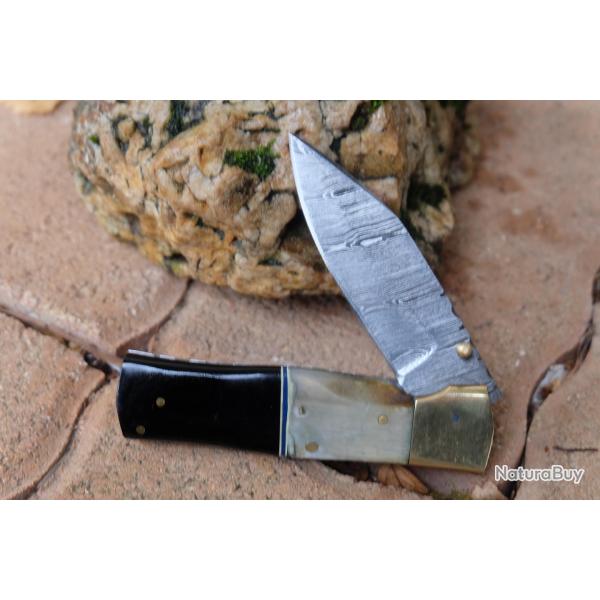 Beau Couteau Damas Lame Drop Point 128 Couches Manche B�lier & R�sine Fabric Artisanale Linerlock 0A