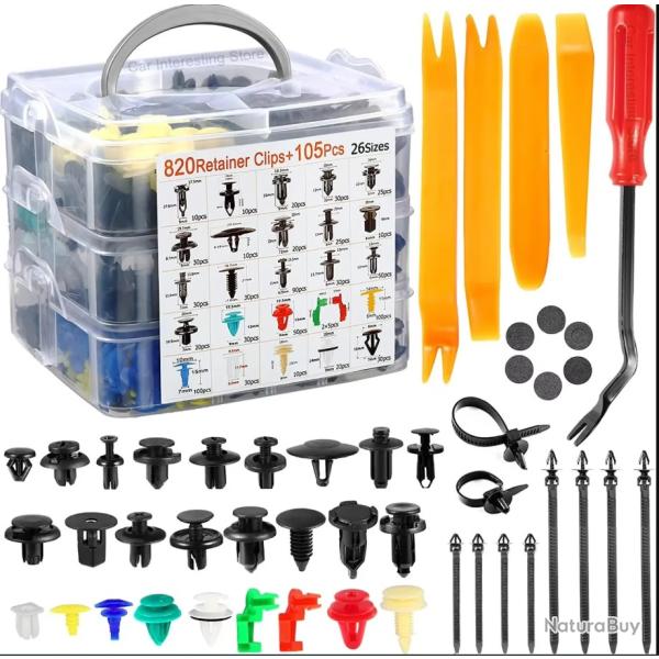 Kit 820 Clips Fixation Voiture + 105 Outils Rivets Plastique Garniture Pare-choc