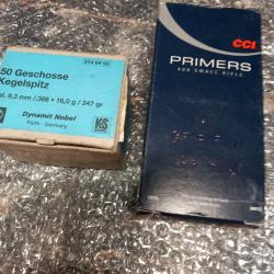 AMORCES SMALL RIFLE CCI 400 ET OGIVES 9.3 POUR CARABINE