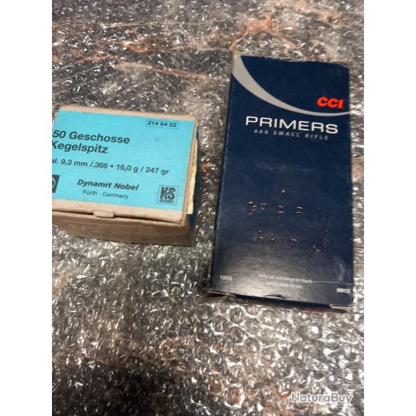 AMORCES SMALL RIFLE CCI 400 ET OGIVES 9.3 POUR CARABINE