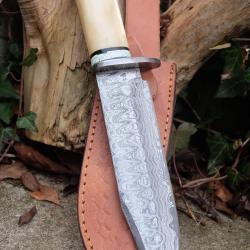 Couteau Poignard Lame Acier Damas 256 Couches Manche Os Garde Damas Etui Cuir Fabric Artisanale