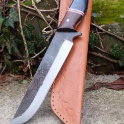 BIG Couteau Buscharft Survie Bowie Lame Acier Carbone 1075 Etui Cuir Manche Bois/R&eacute;sine F ArtisanatA