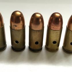 Lot de 5 munitions neutralis&eacute;es 11,43 (45 ACP) neutralis&eacute;es, percut&eacute;es, vid&eacute;es, perc&eacute;es