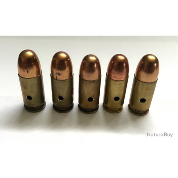 Lot de 5 munitions neutralis�es 11,43 (45 ACP) neutralis�es, percut�es, vid�es, perc�es