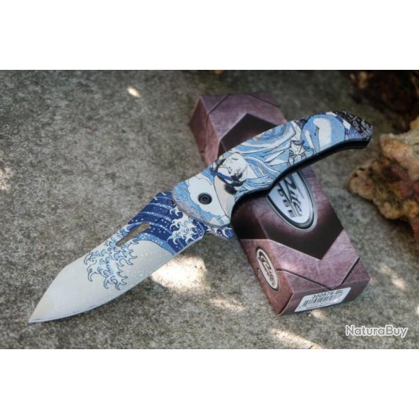 Couteau Tatouage YakuZa Semi Automatique Lame D�cor Vague Acier Inox Manche ABS Linerlock Clip