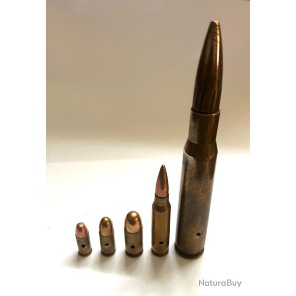 Lot de 5 munitions neutralis�es 7,65 -  9 para - 11,43 - 300 Savage - 12.7 percut�es, vid�es, perc�e