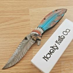 Couteau Indien Native Lame Plume Acier Inox Manche Synth&eacute;tique T&ecirc;te d'Indien Linerlock Semi Autom