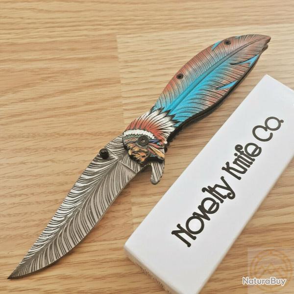 Couteau Indien Native Lame Plume Acier Inox Manche Synth�tique T�te d'Indien Linerlock Semi Autom