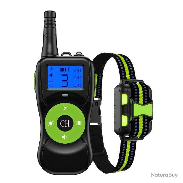 Collier de Dressage Chien 800m Rechargeable Etanche T�l�commande Choc Vibration Son LED Vert