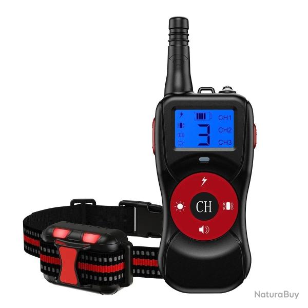 Collier de Dressage Chien 800m Rechargeable Etanche T�l�commande Choc Vibration Son LED Rouge